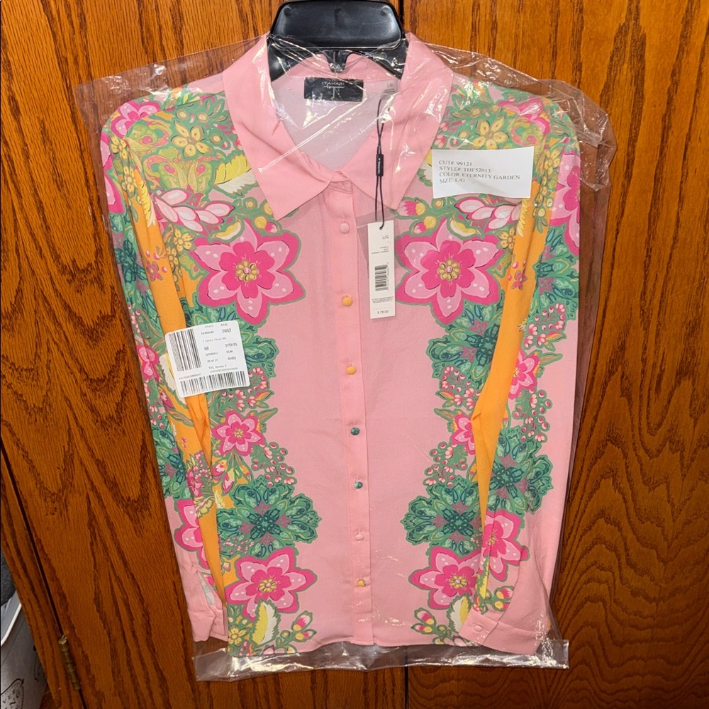 T Tahari Pink and Yellow Floral Button-Down Shirt - Picture 2 of 7